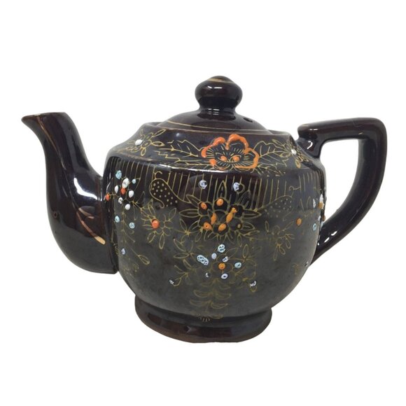 Vintage Mid Century Brown Handled and Lidded Teapot with Flower Design - Picture 1 of 9
